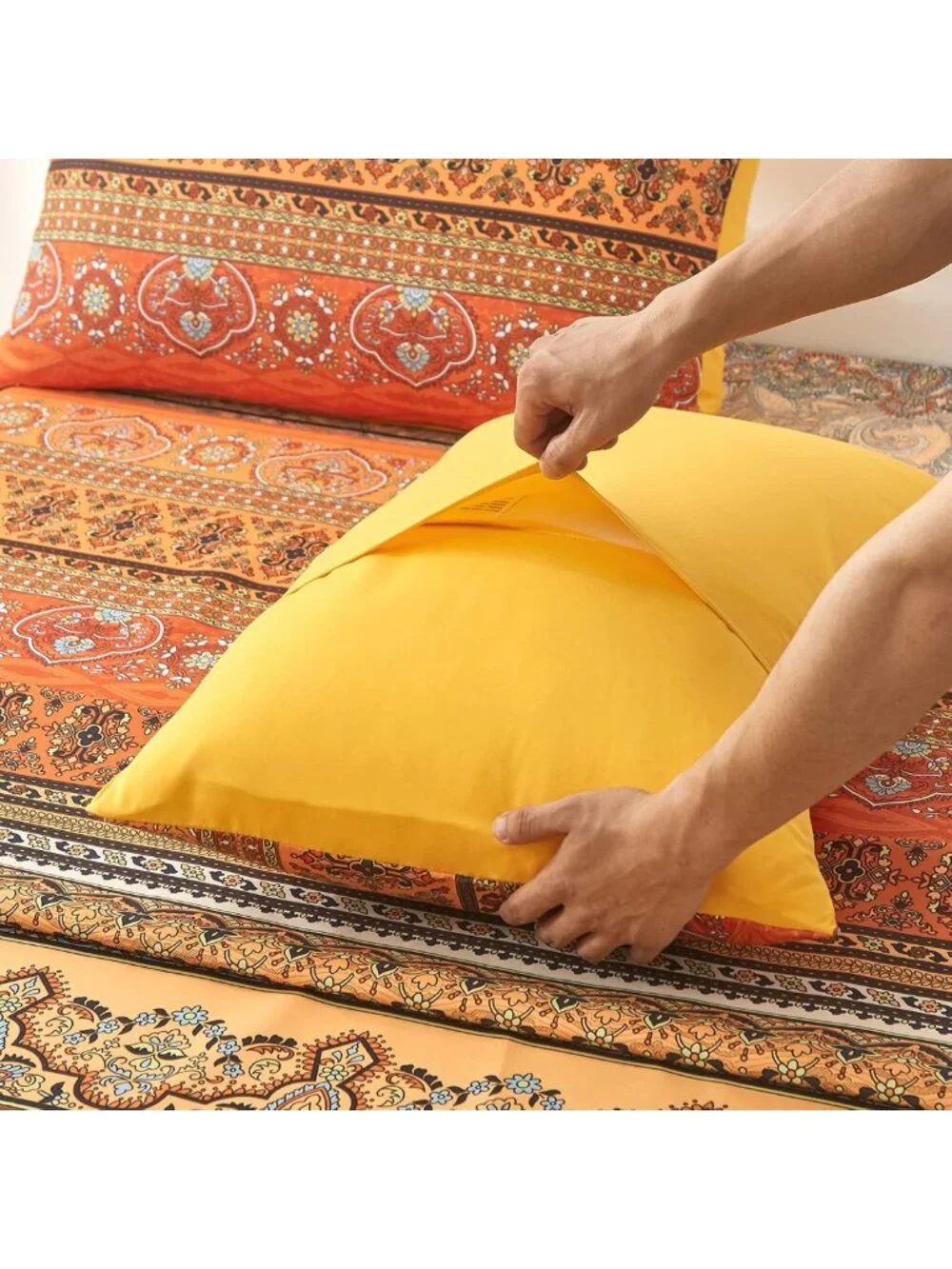 Boho Orange Queen Sheet Set - 4 PCS Colorful Striped Bedding, Deep Pocket